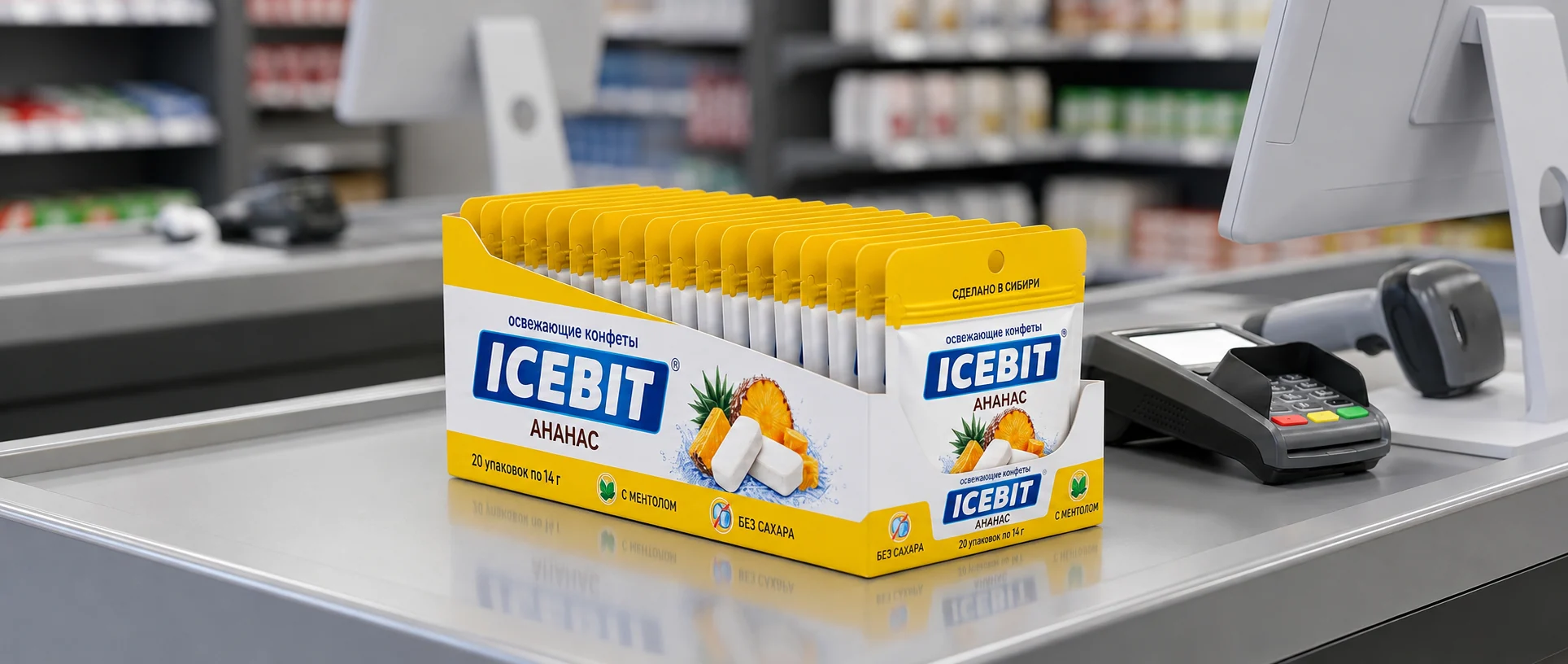 Шоу-бокс ICEBIT с 20 упаковками в кассовой зоне магазина